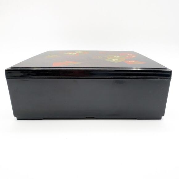 Vintage Otagiri Original Lacquerware Box Faux Lacquer Black with Fans Flowers - Picture 10 of 13